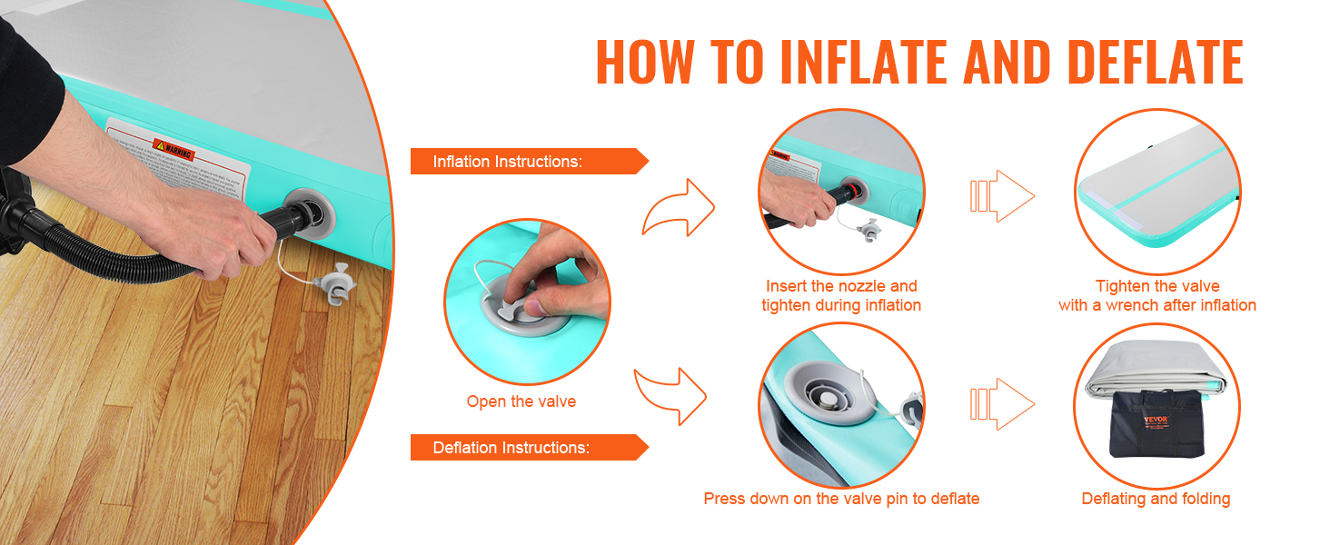 how to inflate and deflate a VEVOR gymnastics air mat with step-by-step visual instructions.