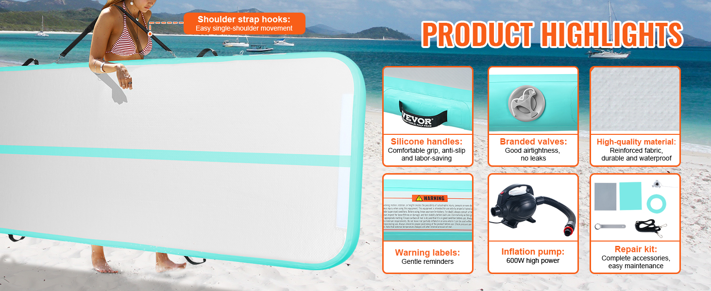 VEVOR gymnastics air mat with shoulder strap hooks, silicone handles, branded valves, and a repair kit.