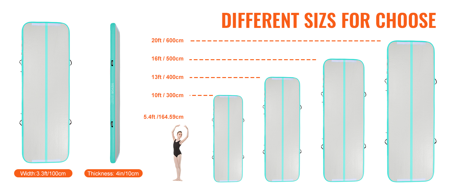 VEVOR gymnastics air mat in various sizes: 20ft, 16ft, 13ft, 10ft, 5.4ft.