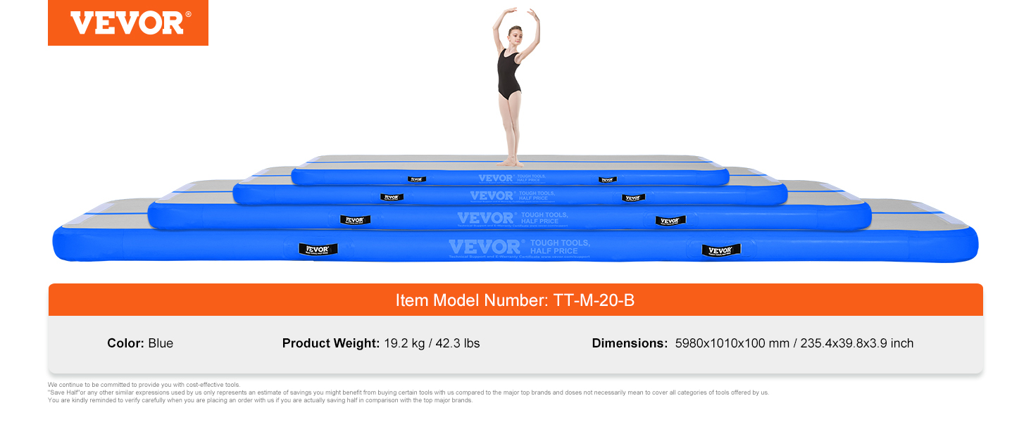 VEVOR gymnastics air mat in blue with item model tt-m-20-b. weight: 19.2 kg. size: 5980x1010x100 mm.