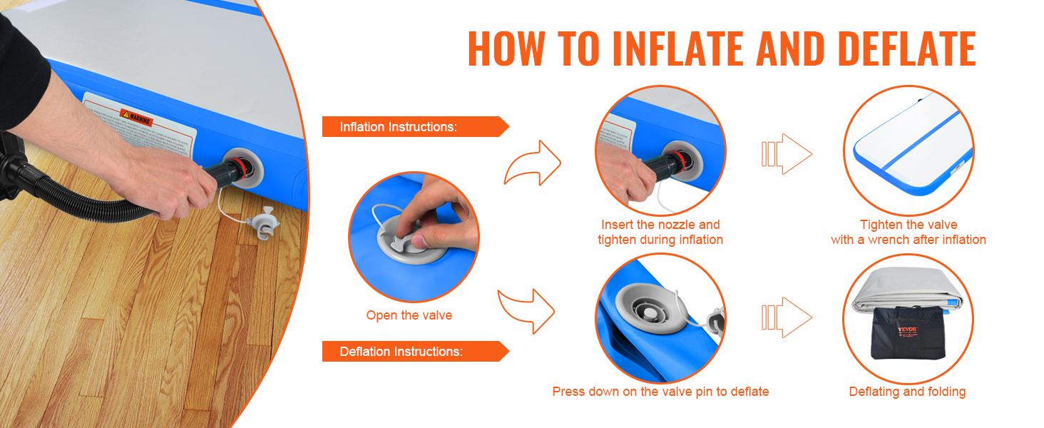 how to inflate and deflate VEVOR gymnastics air mat: insert nozzle, tighten valve, open valve to deflate.