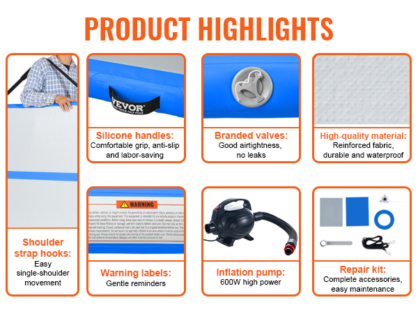 VEVOR gymnastics air mat: high-quality material, silicone handles, branded valves, and repair kit.