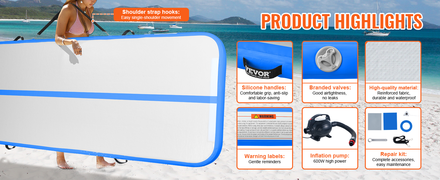VEVOR gymnastics air mat: high-quality material, silicone handles, branded valves, and repair kit.