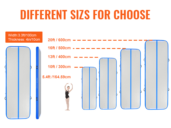 different sizes of VEVOR gymnastics air mat with a gymnast illustration. width: 3.3ft, thickness: 4in.
