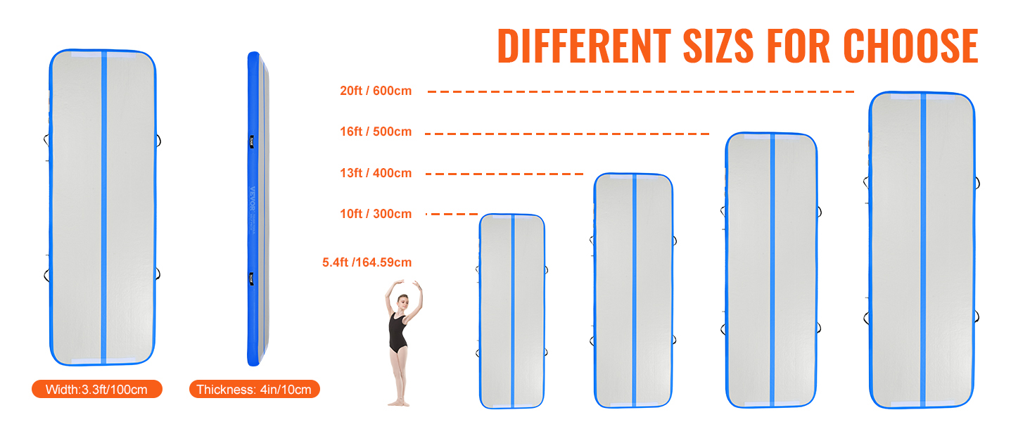 different sizes of VEVOR gymnastics air mat with a gymnast illustration. width: 3.3ft, thickness: 4in.