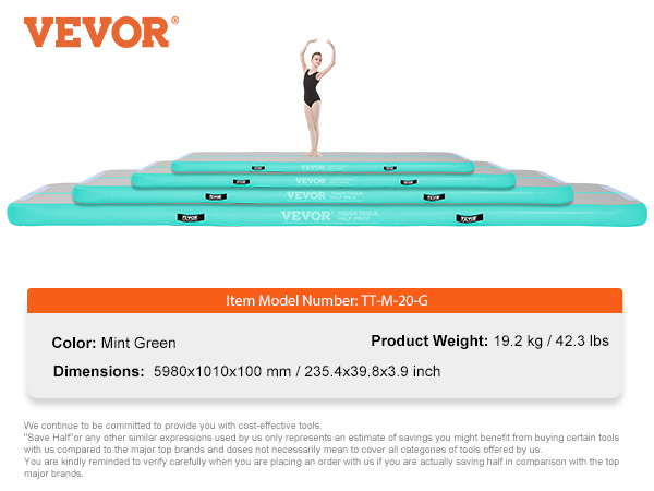 VEVOR gymnastics air mat in mint green, model tt-m-20-g, features stacked with a child balancing on top.