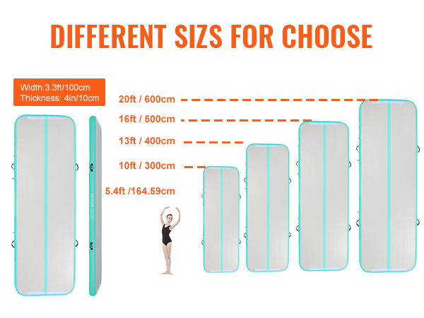 different sizes of VEVOR gymnastics air mats from 5.4ft to 20ft for versatile training options.