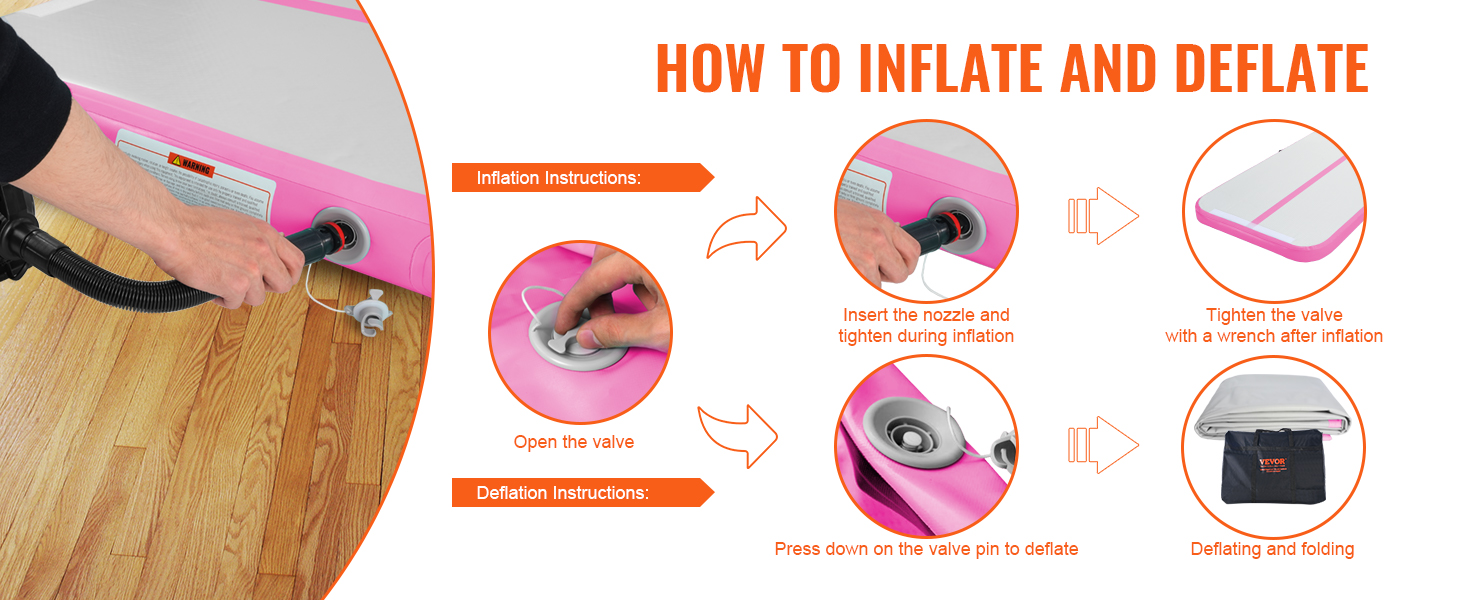how to inflate and deflate VEVOR gymnastics air mat: insert nozzle, tighten valve, and press valve pin.