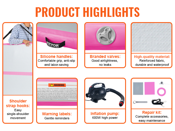 VEVOR gymnastics air mat highlights: silicone handles, branded valves, high-quality materials, and more.
