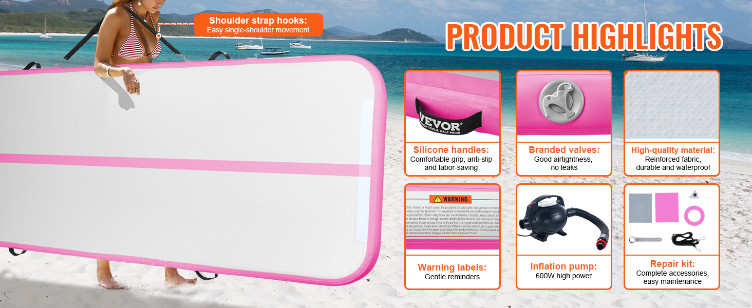VEVOR gymnastics air mat highlights: silicone handles, branded valves, high-quality materials, and more.