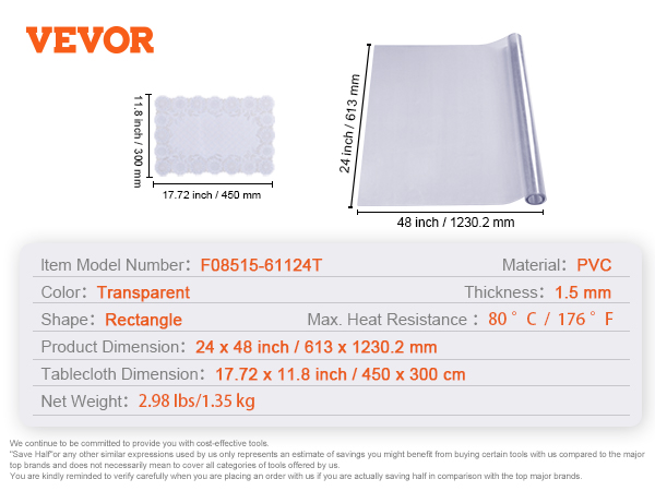 VEVOR table cover protector, transparent pvc, 24x48 inches, 1.5mm thick, heat resistant, rectangle.