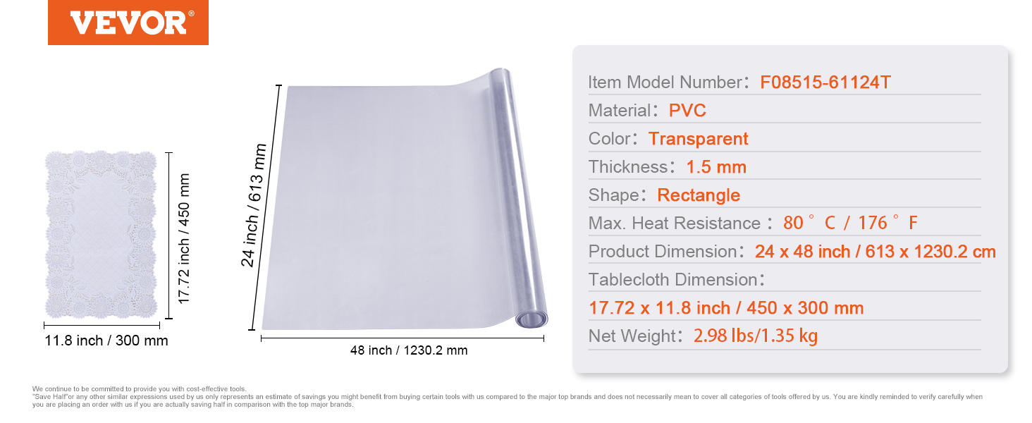VEVOR table cover protector, transparent pvc, 24x48 inches, 1.5mm thick, heat resistant, rectangle.