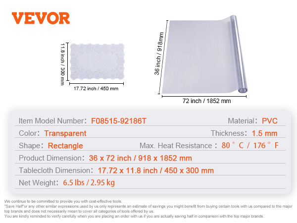 VEVOR clear table cover, transparent pvc, 1.5mm thick, 36x72 inch. includes lace tablecloth 17.72x11.8 inch.