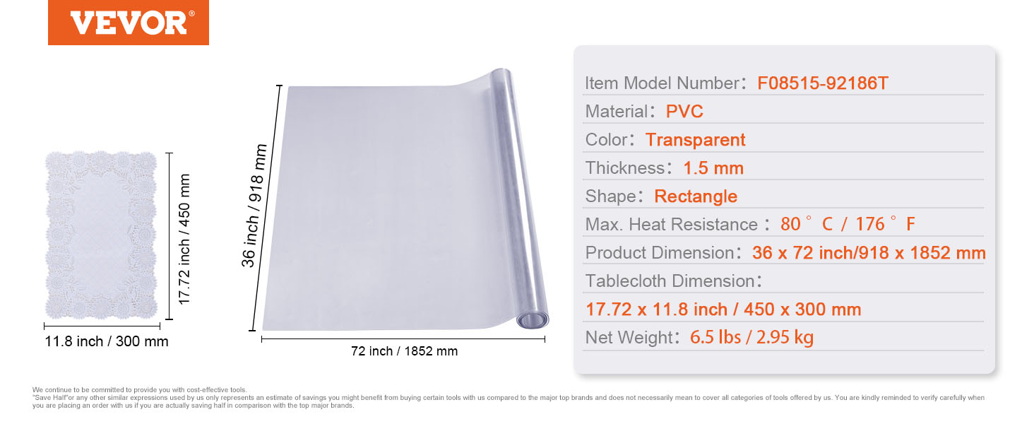 VEVOR clear table cover, transparent pvc, 1.5mm thick, 36x72 inch. includes lace tablecloth 17.72x11.8 inch.