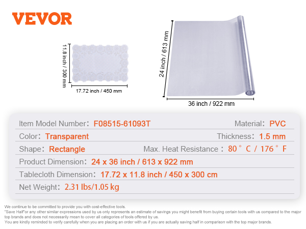 VEVOR table cover protector, transparent pvc, 1.5mm thickness, 24 x 36 inch, heat-resistant to 176°f.