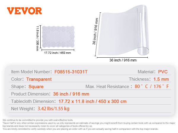 VEVOR table cover protector, transparent pvc, 1.5mm thick, 36x36 inches, heat resistant to 176°f.