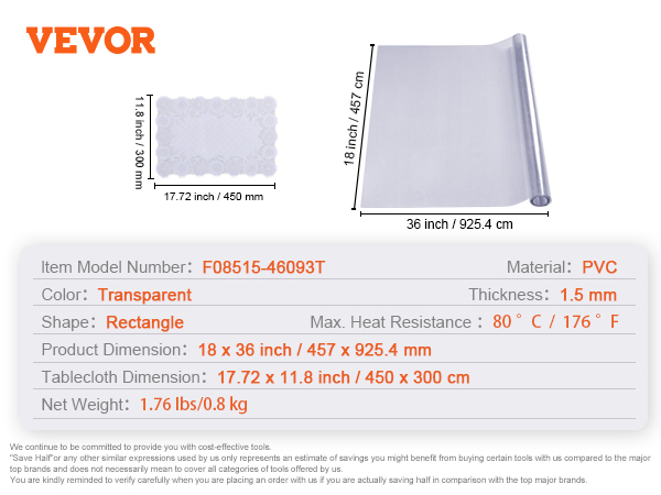 VEVOR clear table cover, pvc, 1.5mm thickness, 18 x 36 inch, transparent rectangular cover.