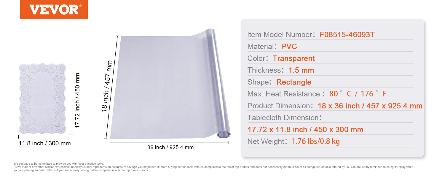 VEVOR clear table cover, pvc, 1.5mm thickness, 18 x 36 inch, transparent rectangular cover.
