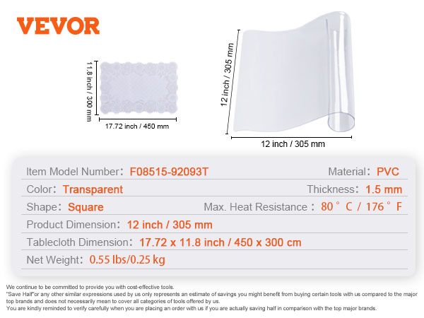 VEVOR caurspīdīgs galda pārklājs, pvc, caurspīdīgs, 1,5 mm biezs, 12x11,8 collas izmēri.