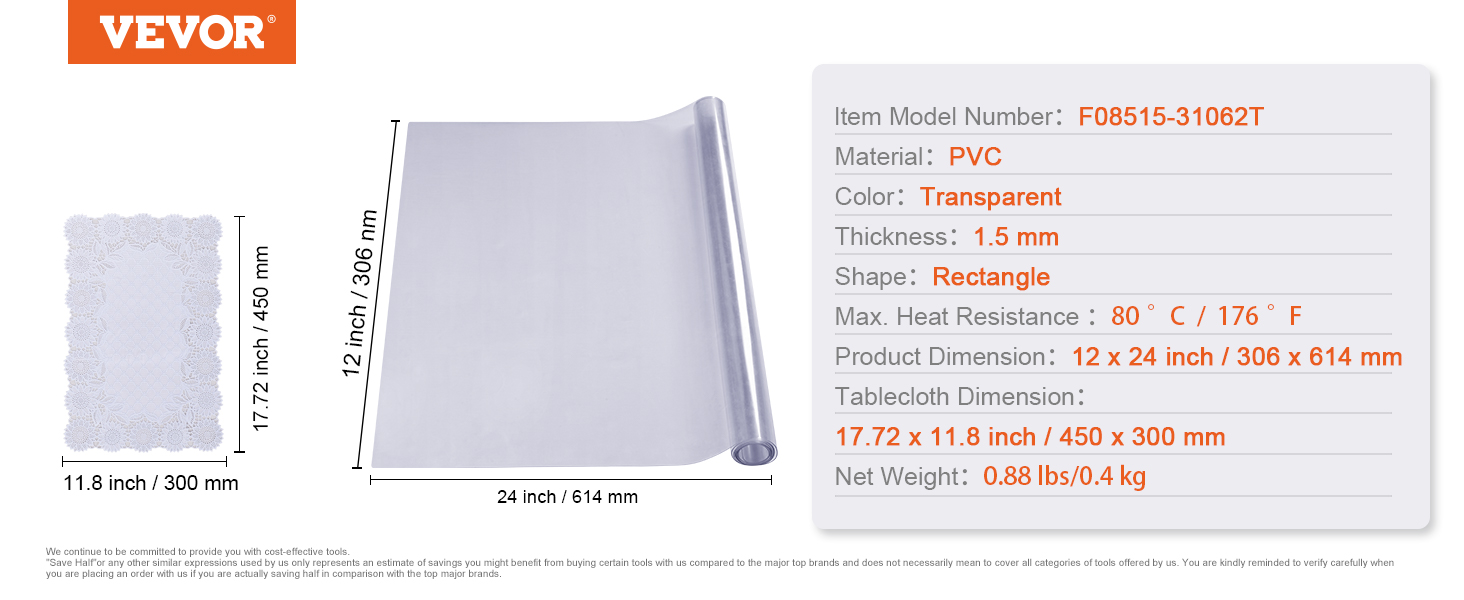 transparent pvc VEVOR table cover protector, 12x24 inch, heat resistant, 1.5mm thick, rectangular.