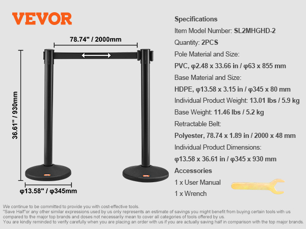 VEVOR crowd control stanchions, 2pcs, pvc poles, hdpe base, polyester belt, dimensions, weight.