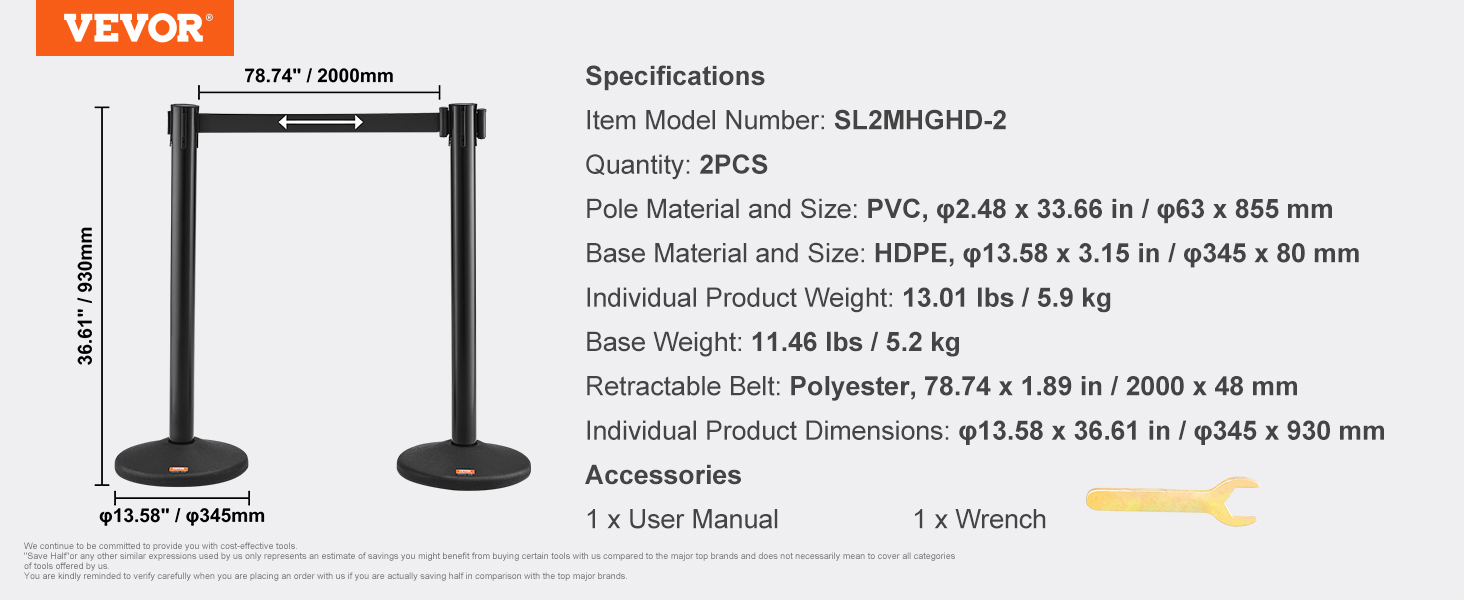 VEVOR crowd control stanchions, 2pcs, pvc poles, hdpe base, polyester belt, dimensions, weight.