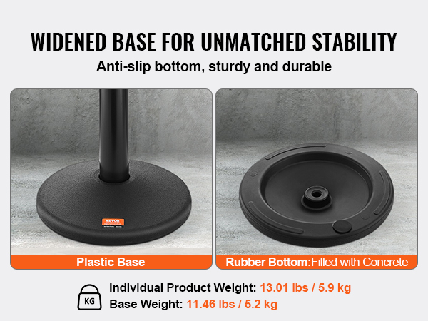VEVOR crowd control stanchions with widened, anti-slip base for stability; plastic and rubber bottom options.