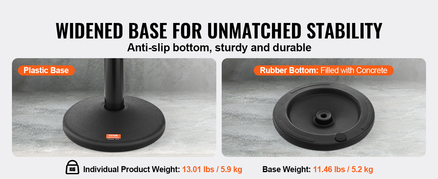 VEVOR crowd control stanchions with widened, anti-slip base for stability; plastic and rubber bottom options.