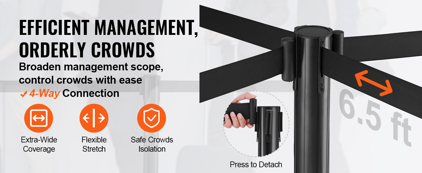 VEVOR crowd control stanchions offer efficient management with 4-way connection and 6.5 ft. coverage.