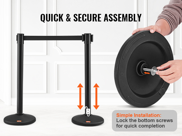 quick assembly of VEVOR crowd control stanchions by locking bottom screws for secure installation.