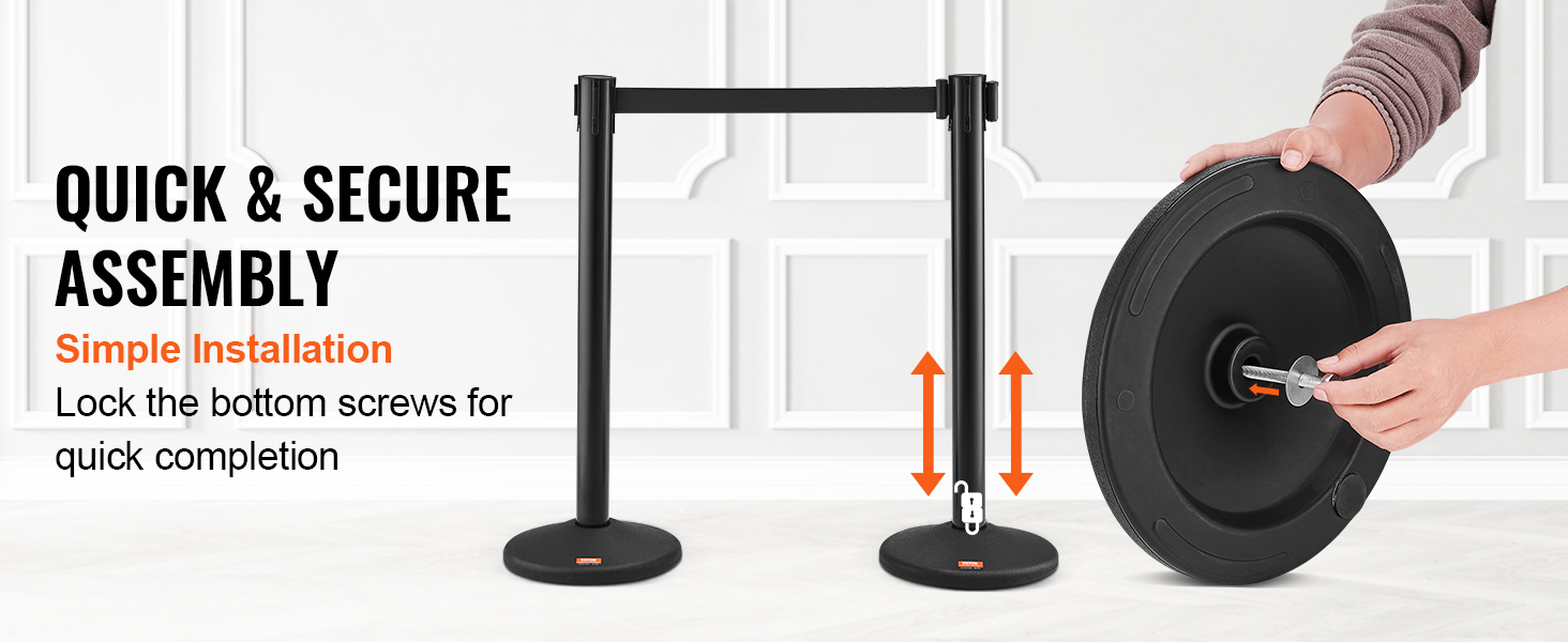 quick assembly of VEVOR crowd control stanchions by locking bottom screws for secure installation.