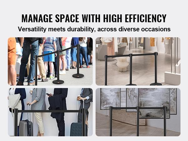 VEVOR crowd control stanchions in use for efficient space management at various locations, including events and stores.