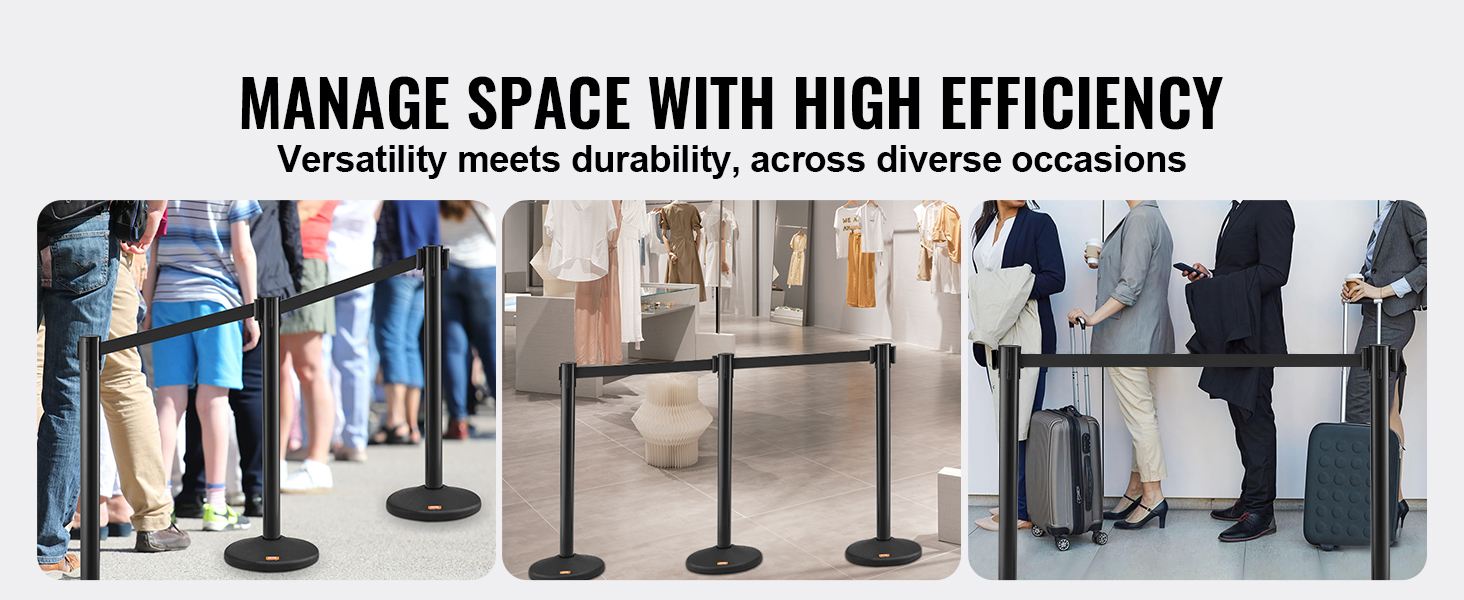 VEVOR crowd control stanchions in use for efficient space management at various locations, including events and stores.