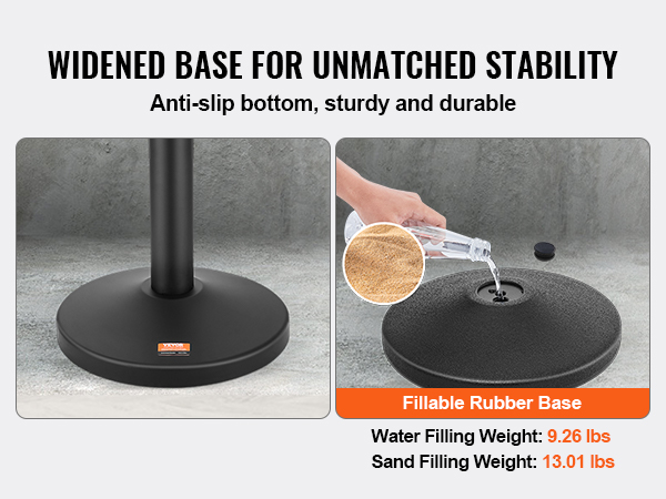 VEVOR crowd control stanchion widened base, anti-slip bottom, fillable with water or sand for stability.