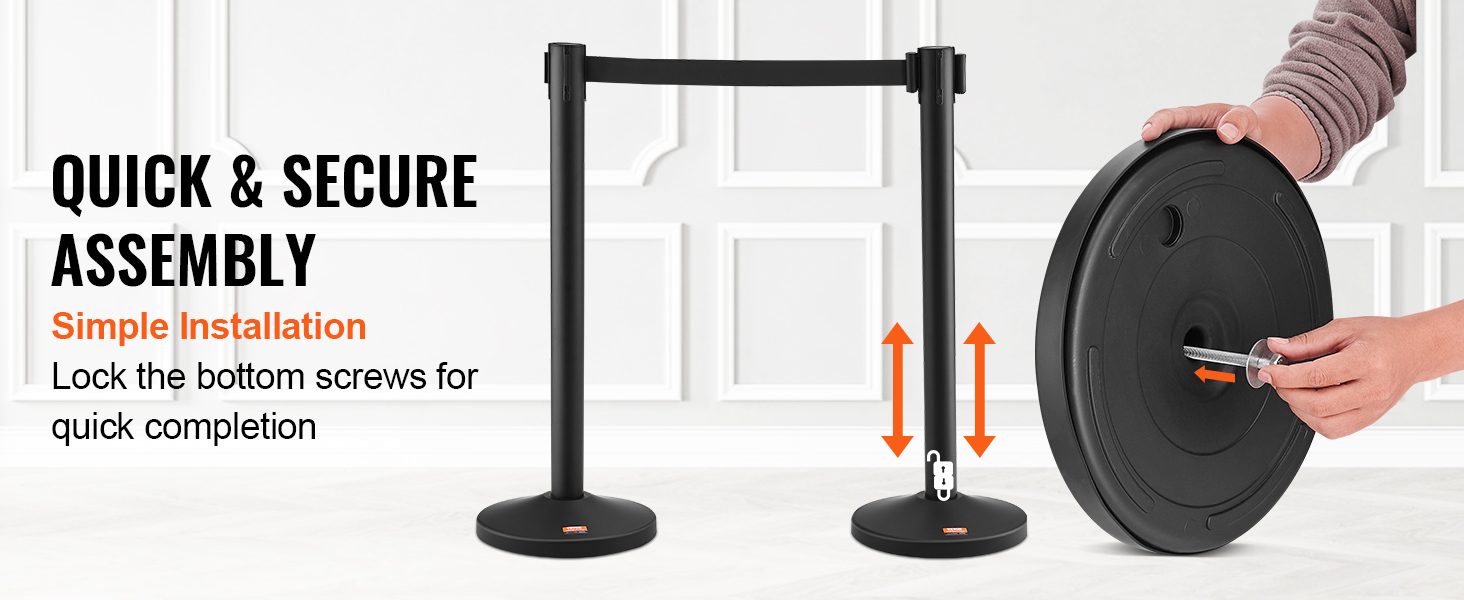 quick and secure assembly of VEVOR crowd control stanchion with simple screw-lock installation.