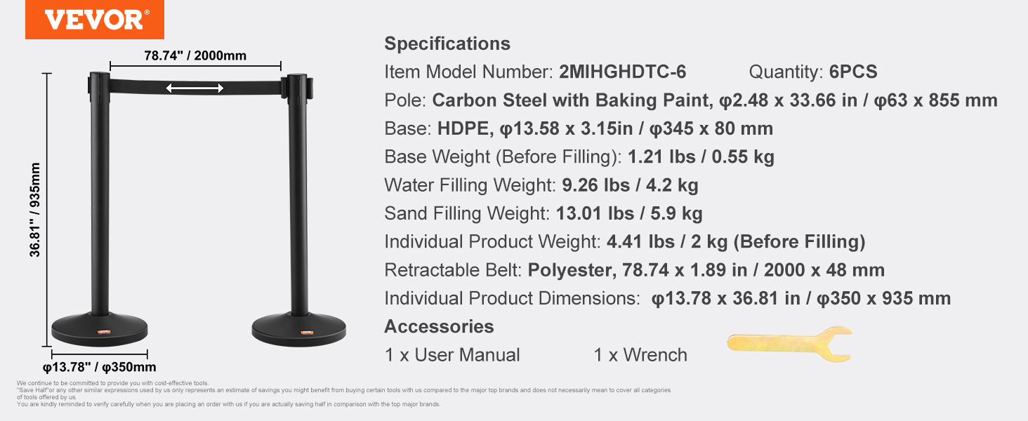 VEVOR crowd control stanchion with carbon steel pole, hdpe base, and retractable polyester belt.