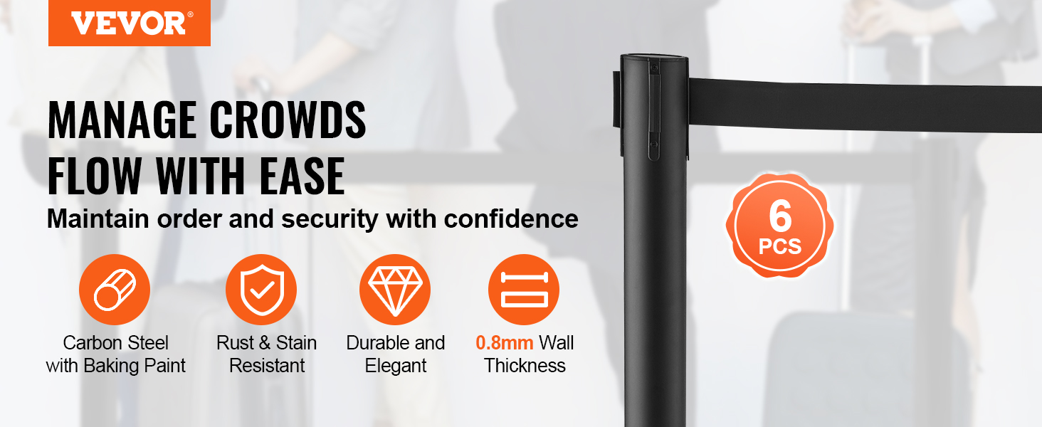 VEVOR crowd control stanchion: carbon steel, rust-resistant, elegant, 0.8mm wall, set of 6. manage flow easily.