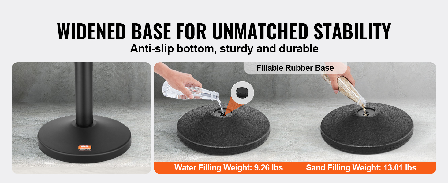 VEVOR crowd control stanchion with fillable rubber base for enhanced stability, anti-slip and durable.