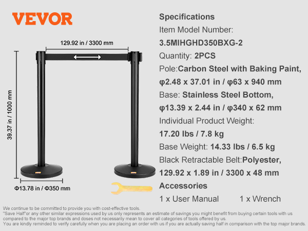VEVOR crowd control stanchions with dimensions, specifications, and accessories listed.