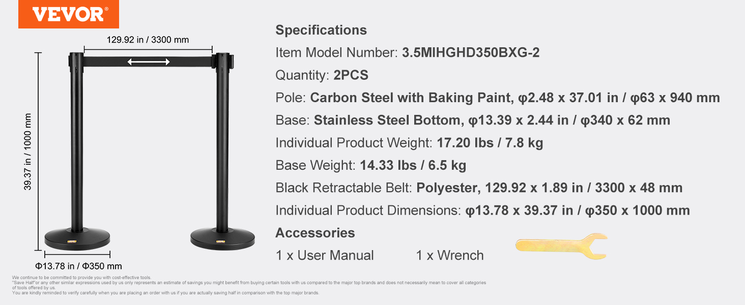 VEVOR crowd control stanchions with dimensions, specifications, and accessories listed.