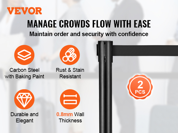 VEVOR crowd control stanchions for managing crowd flow, rust-resistant, carbon steel, 0.8mm wall thickness.