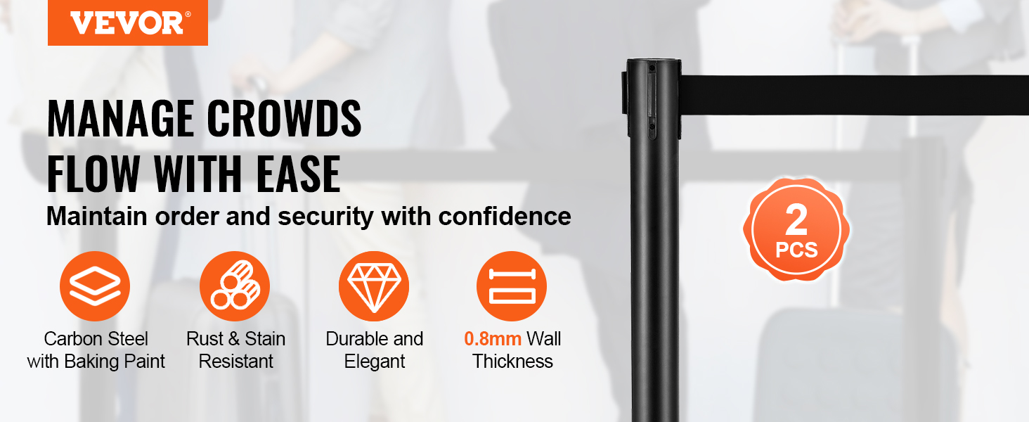 VEVOR crowd control stanchions for managing crowd flow, rust-resistant, carbon steel, 0.8mm wall thickness.