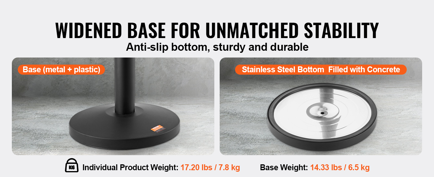widened base for VEVOR crowd control stanchions, anti-slip bottom, with metal/plastic and concrete options.