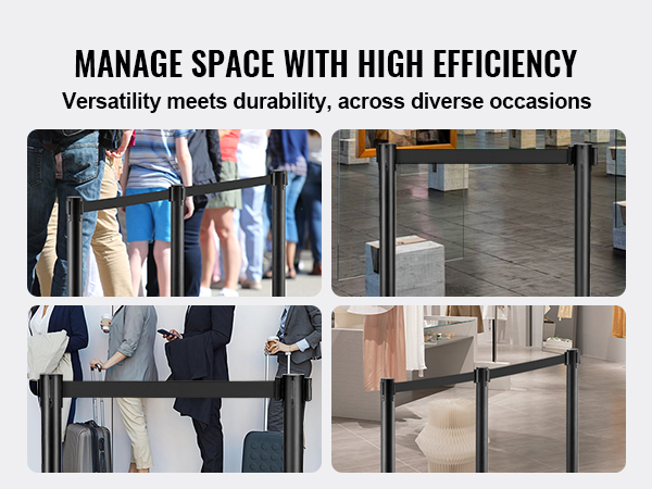 VEVOR crowd control stanchions used in diverse settings like line queues, retail stores, and airports.