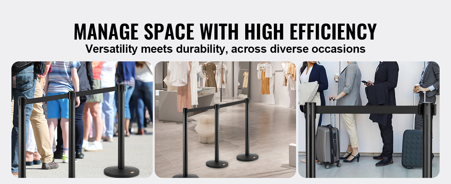 VEVOR crowd control stanchions used in diverse settings like line queues, retail stores, and airports.