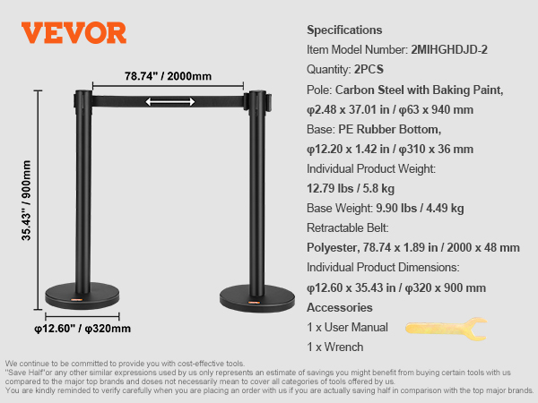 VEVOR crowd control stanchions with carbon steel poles, pe rubber base, and retractable polyester belt.