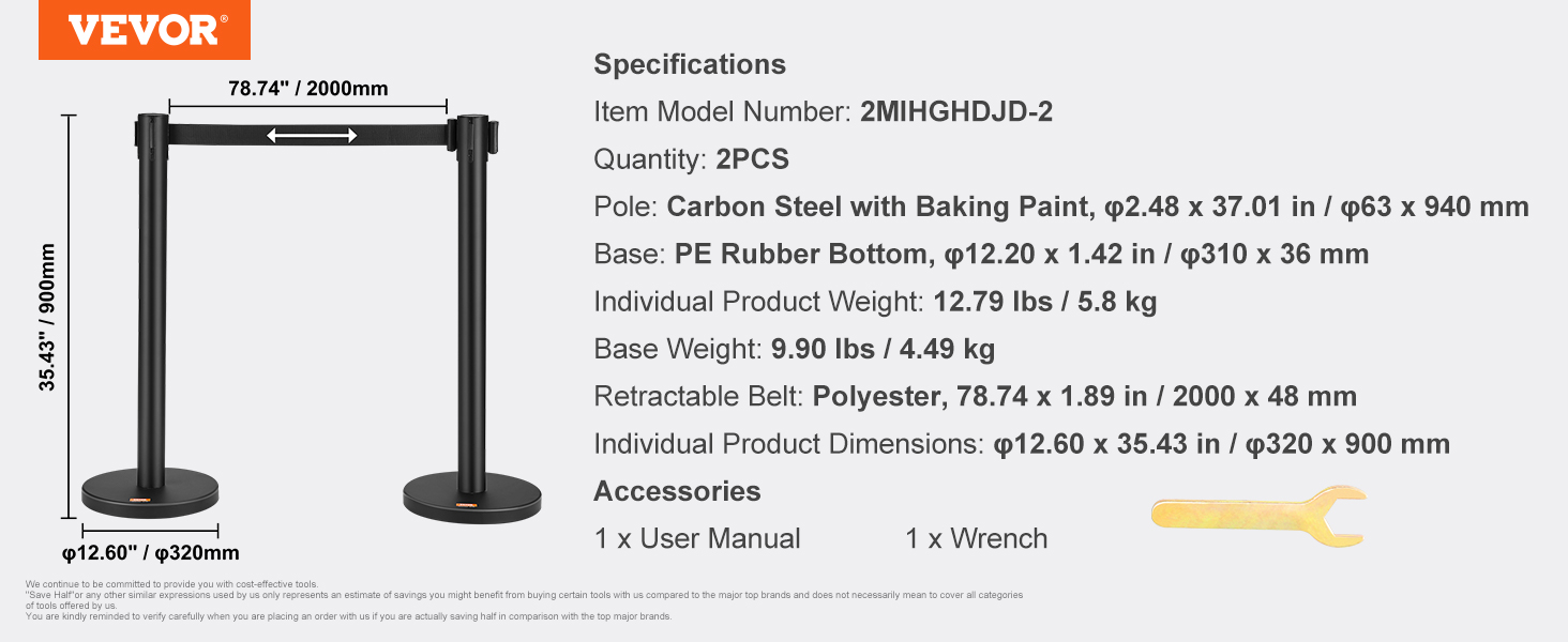 VEVOR crowd control stanchions with carbon steel poles, pe rubber base, and retractable polyester belt.