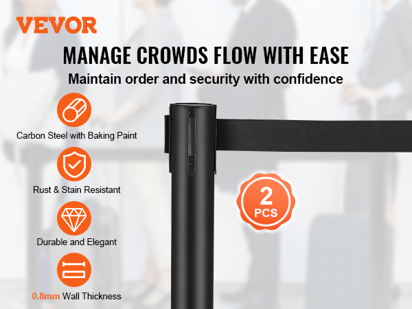 VEVOR crowd control stanchions; carbon steel, rust-resistant, durable, 0.8mm wall thickness.