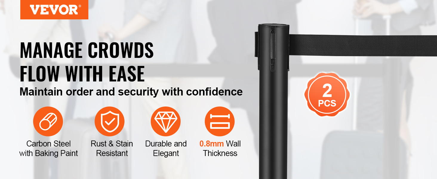 VEVOR crowd control stanchions; carbon steel, rust-resistant, durable, 0.8mm wall thickness.