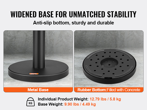 widened base for unmatched stability in VEVOR crowd control stanchions with rubber and metal options.